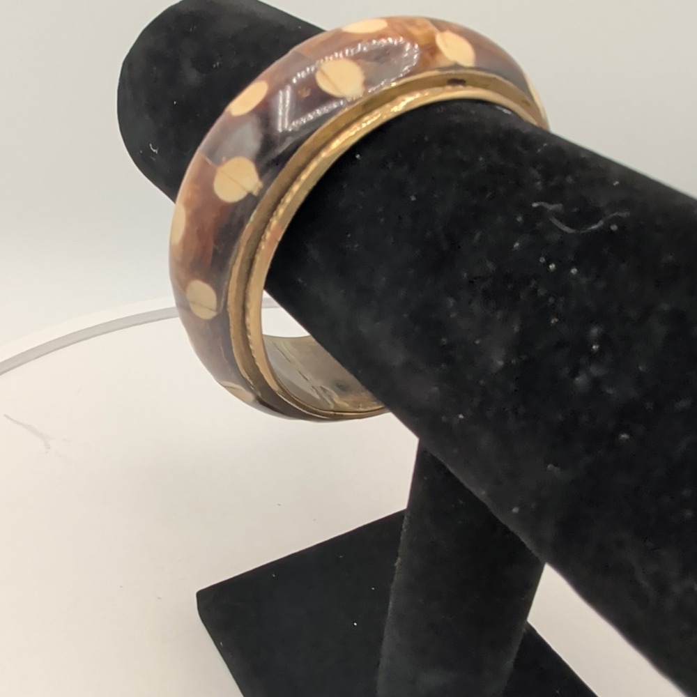 Vintage Brass Bangle Bracelet Inlaid‎ Batik Bone Polka Dot Boho Ethnic 7.5 - Picture 8 of 10
